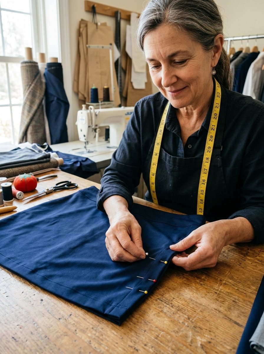 Older woman with grey hair pinning fabric on a wooden table in a sewing studio.
