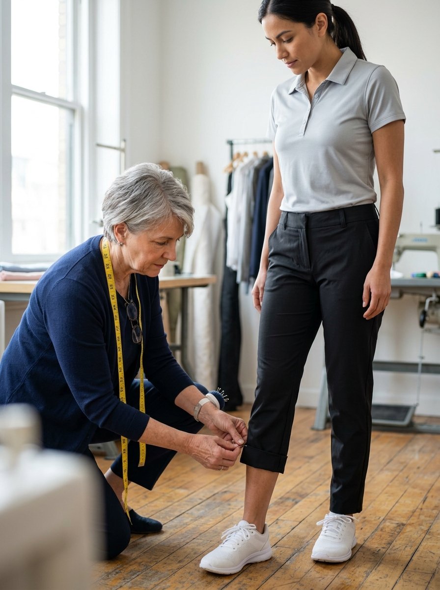 An elderly tailor kneeling to pin the cuff of a woman's black trousers in a bright sewing workshop.