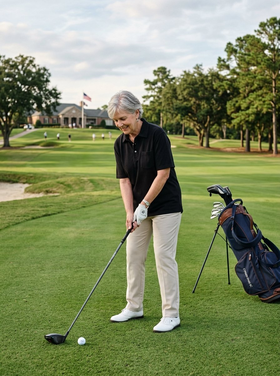 Older woman in a black polo shirt addressing a golf ball on a lush green course with her bag standing nearby.