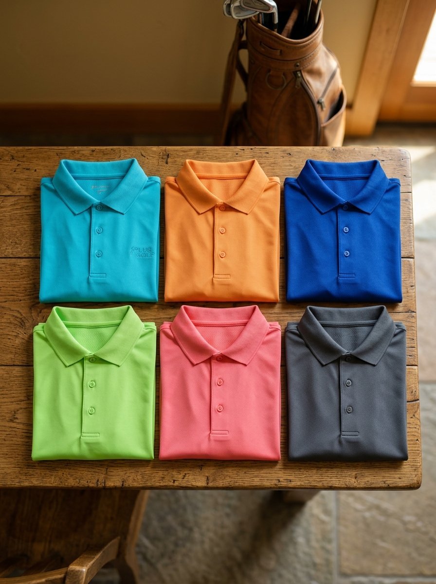 Six vibrant, neatly folded polo shirts in turquoise, orange, blue, lime, coral, and dark grey on a wooden surface.