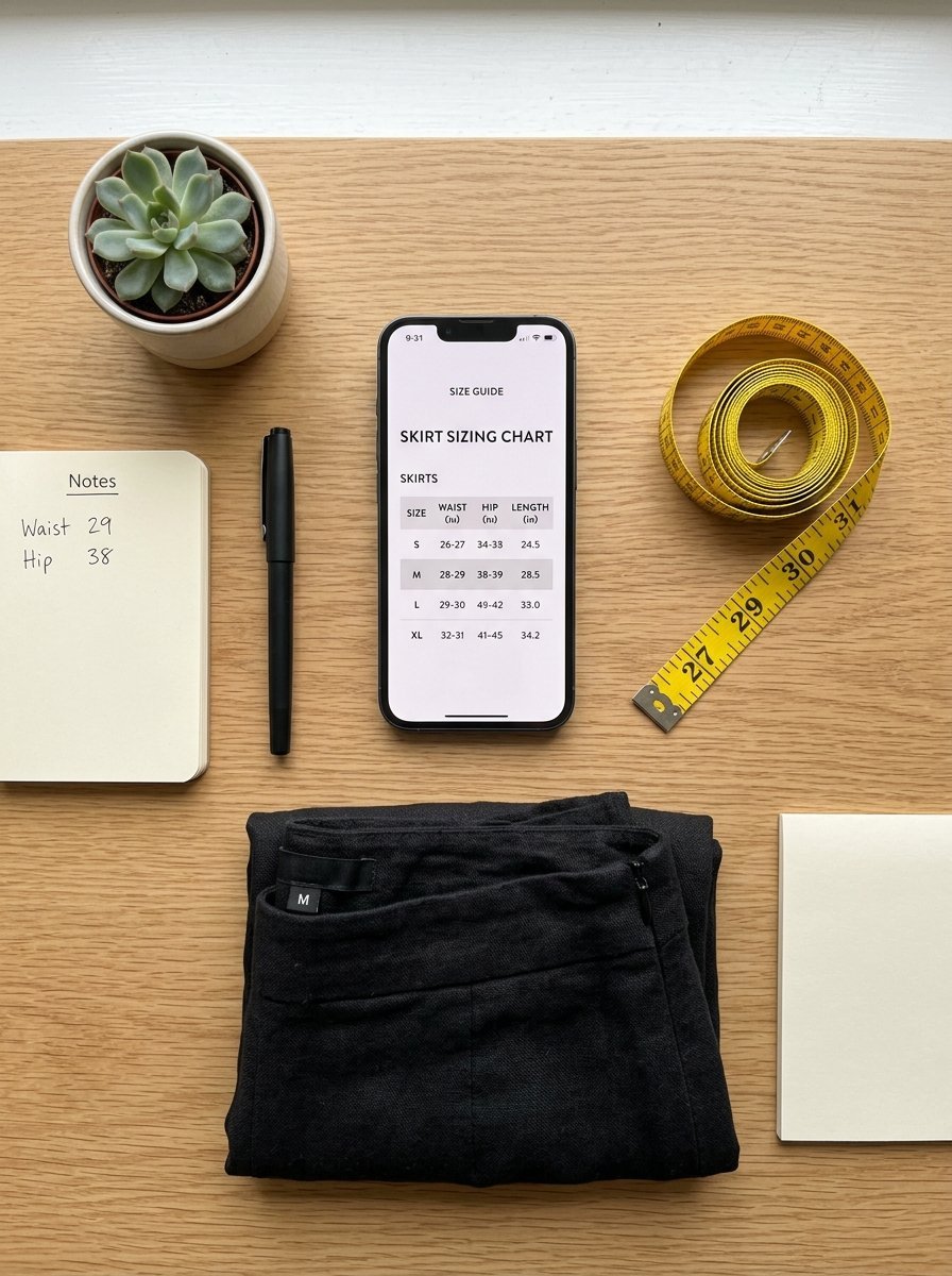 A phone screen showing a skirt size chart on a desk with a tape measure, notepad, and folded black skirt.