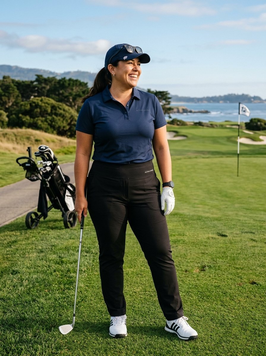 A happy woman in a navy polo and black pants holding a golf club on a coastal course with a flag in the background.