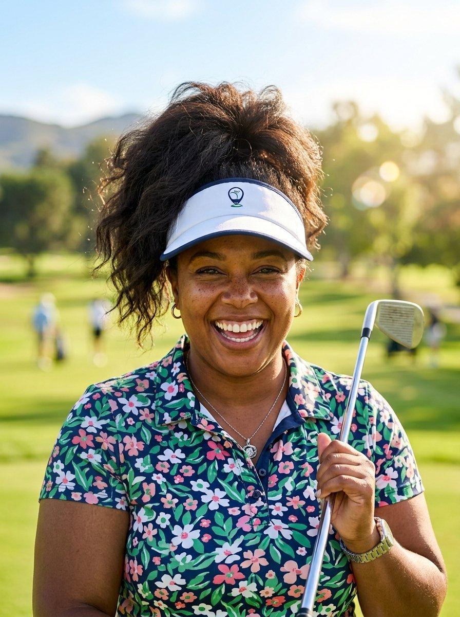 Portrait of a happy Black woman golfer holding a club outdoors on a sunny green golf course.