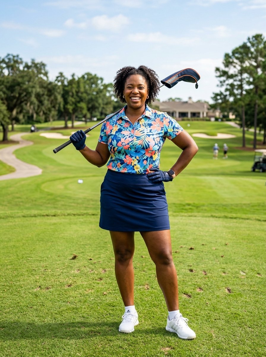 A smiling woman in a floral shirt and navy skort stands on a lush green golf course holding a driver.