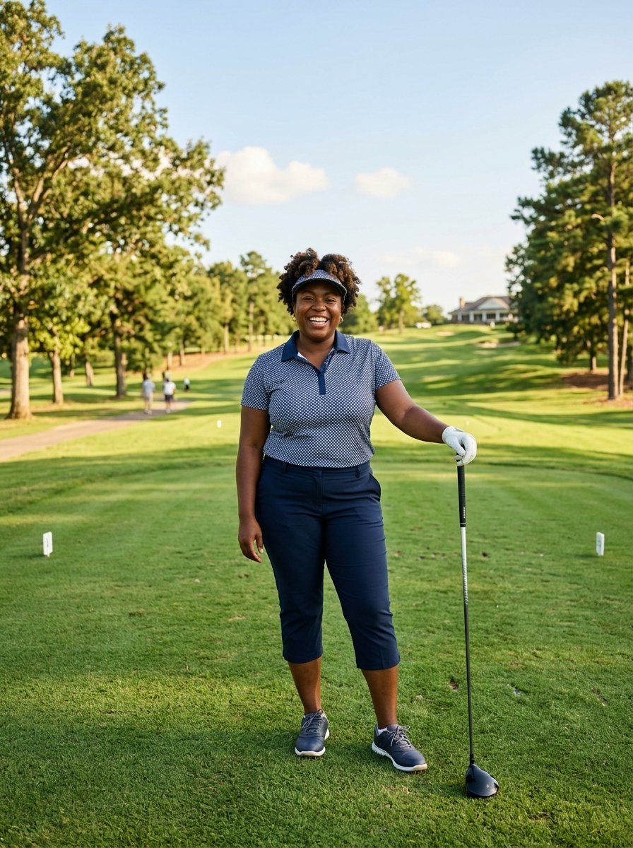 A woman in a blue patterned shirt and visor smiles while holding a golf club on a sunny fairway.
