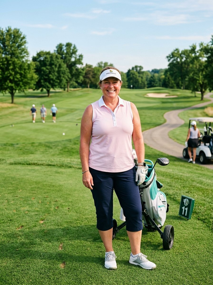 A female golfer in a pink polo and navy capris stands next to her pull cart on a lush green golf fairway.