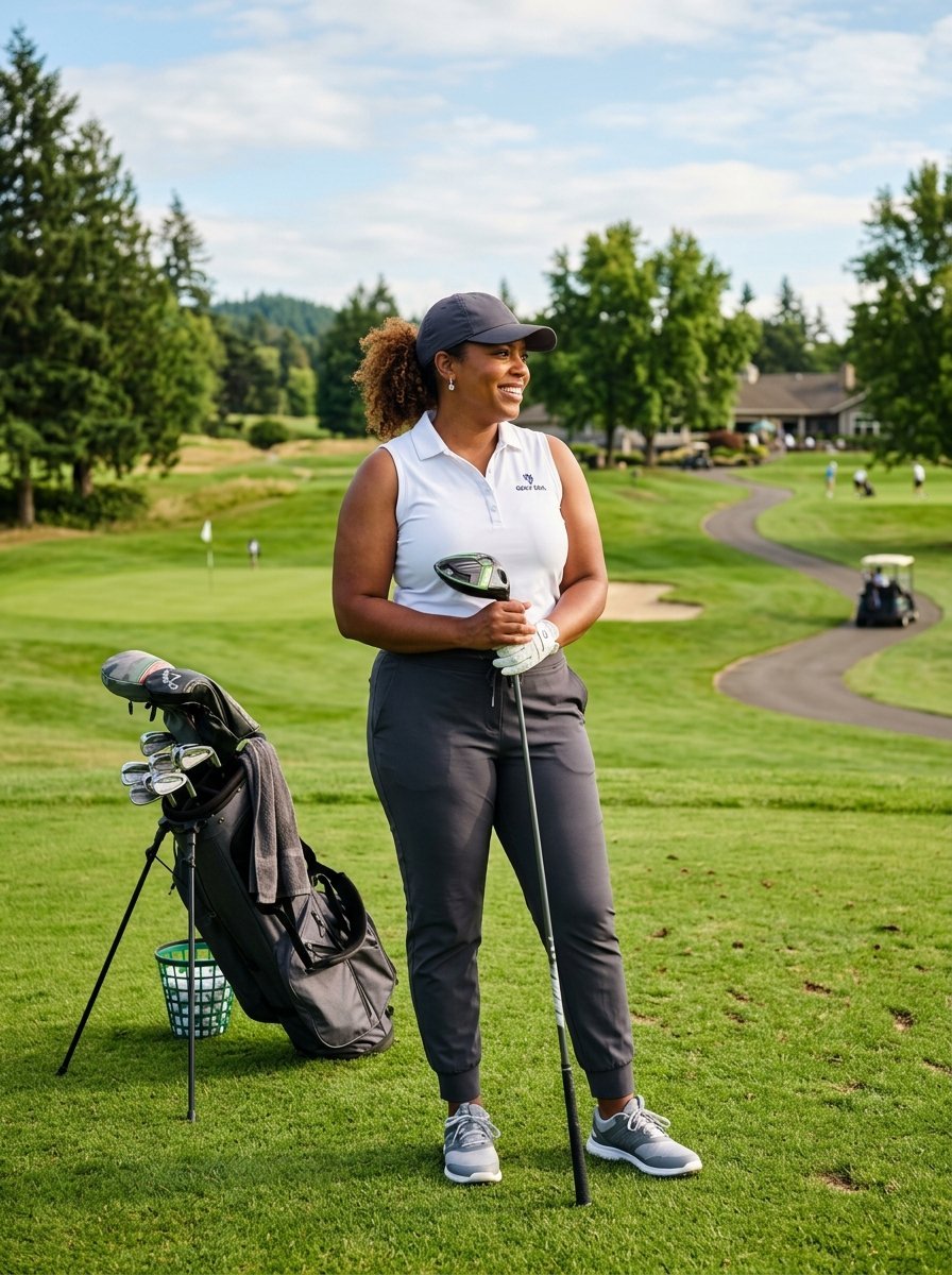 A woman holding a driver stands on a golf course next to her bag and a basket of range balls.
