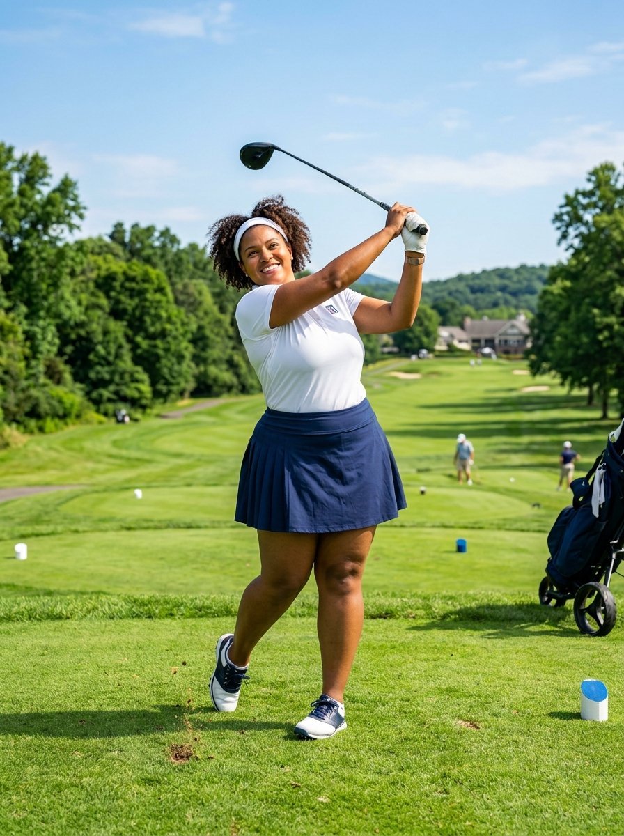 A smiling woman with a curly afro hairstyle in a headband swings a golf club on a lush green golf course.