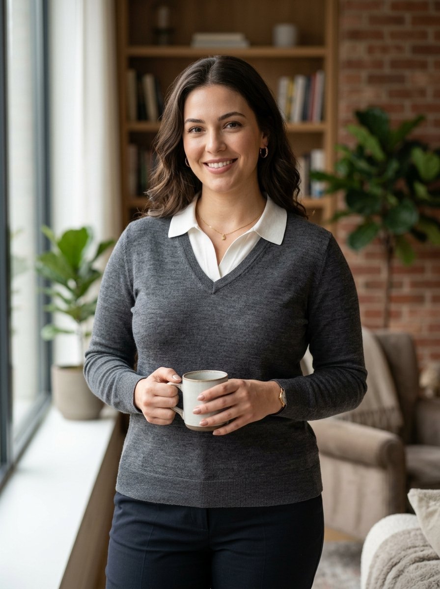 Portrait of a smiling woman in a grey sweater holding a mug, standing in a bright home office setting.