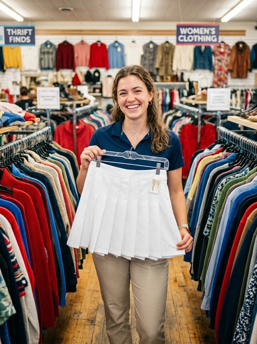 A woman smiles while displaying a white pleated skirt on a hanger in a clothing resale shop.