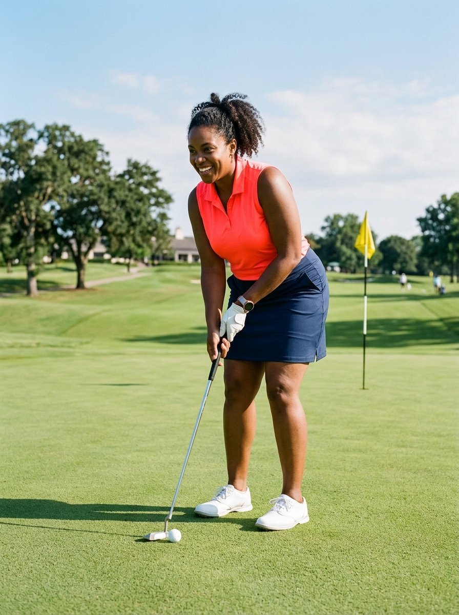 A Black woman in a bright orange top and navy skirt lining up a golf putt on a green with a yellow flag.