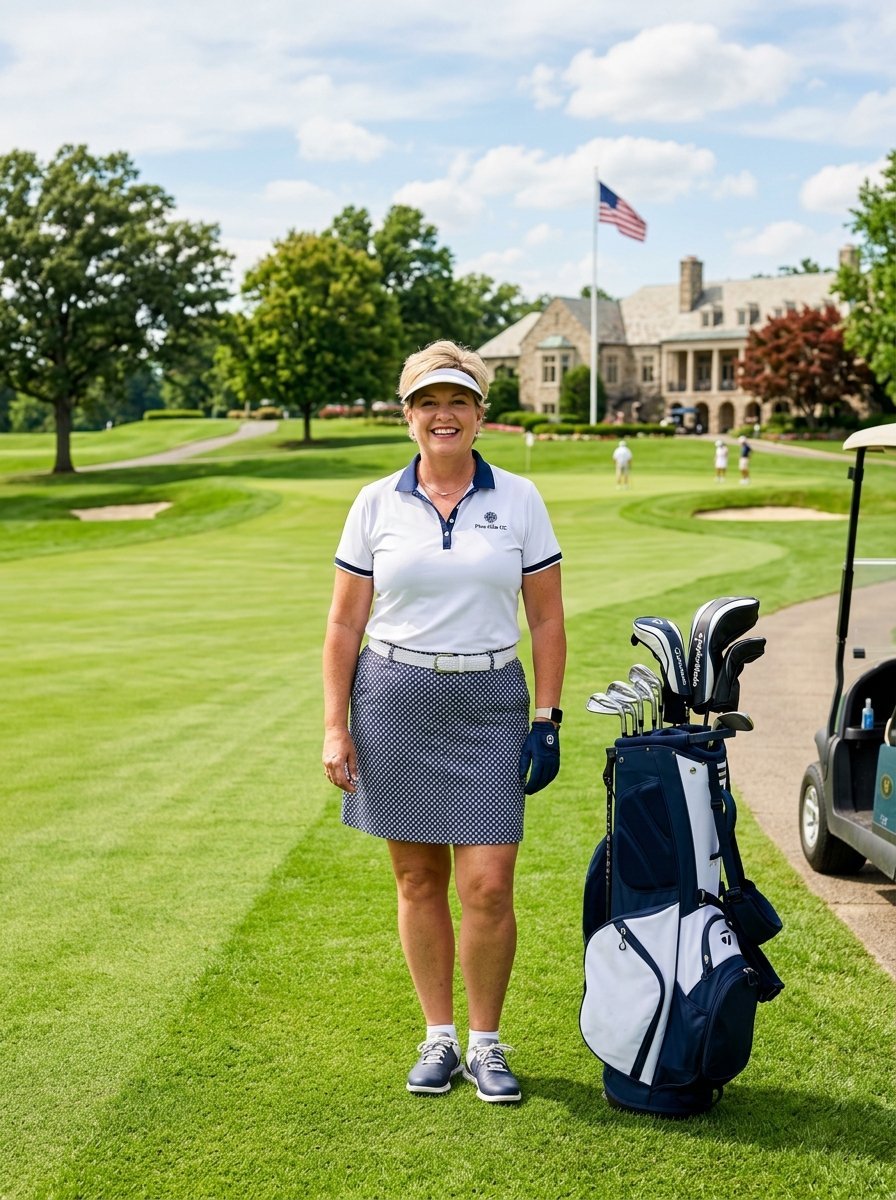 A smiling blonde woman in a golf outfit stands on a putting green next to her bag of golf clubs and a golf cart.