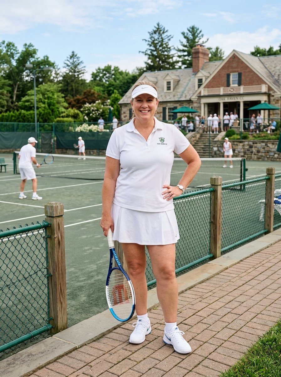 A woman in a white tennis skirt and visor stands on a brick path by a court with other players in the background.