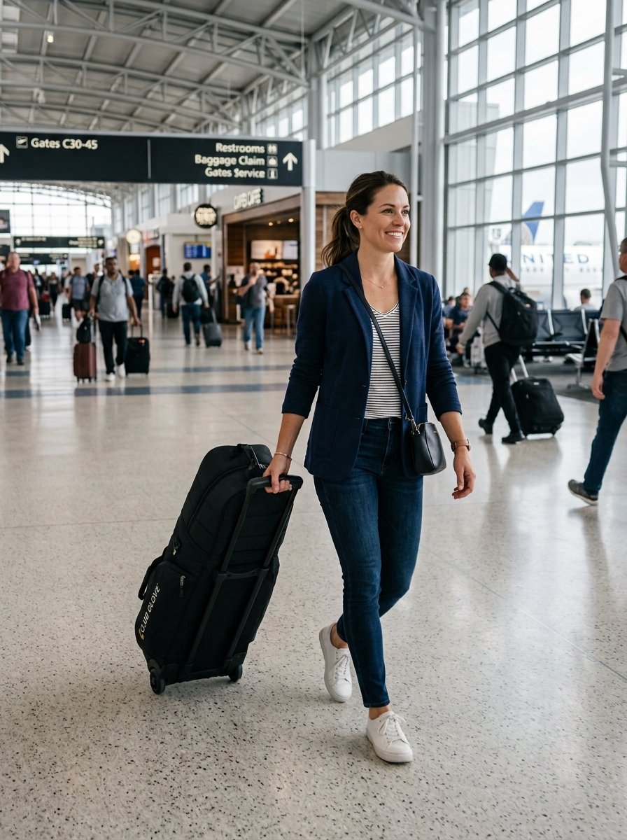 A smiling woman in a navy blazer walking with a rolling suitcase through an airport concourse.
