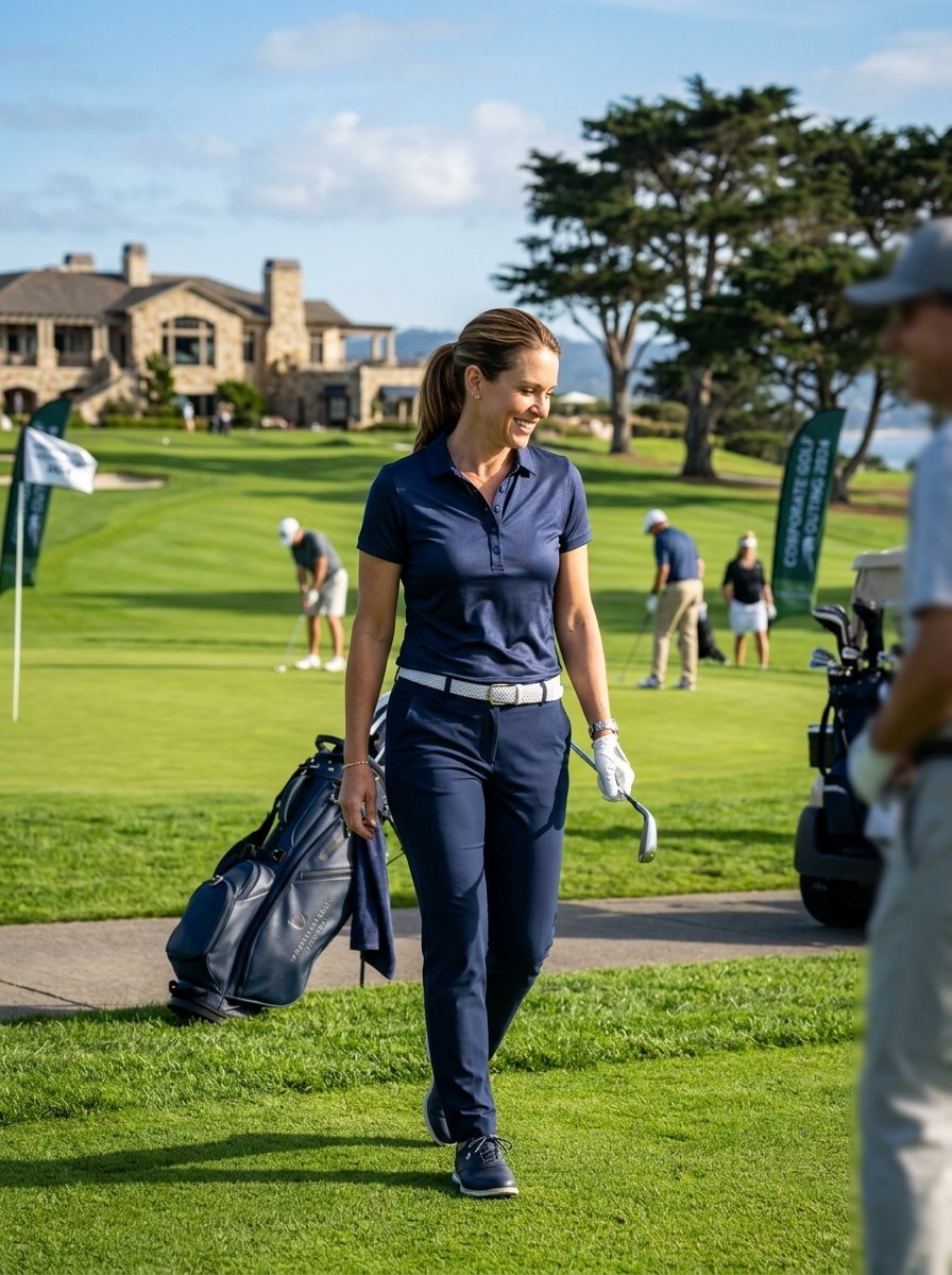 A woman in a navy polo shirt and pants walking with a golf club on a green course with other players in the background.