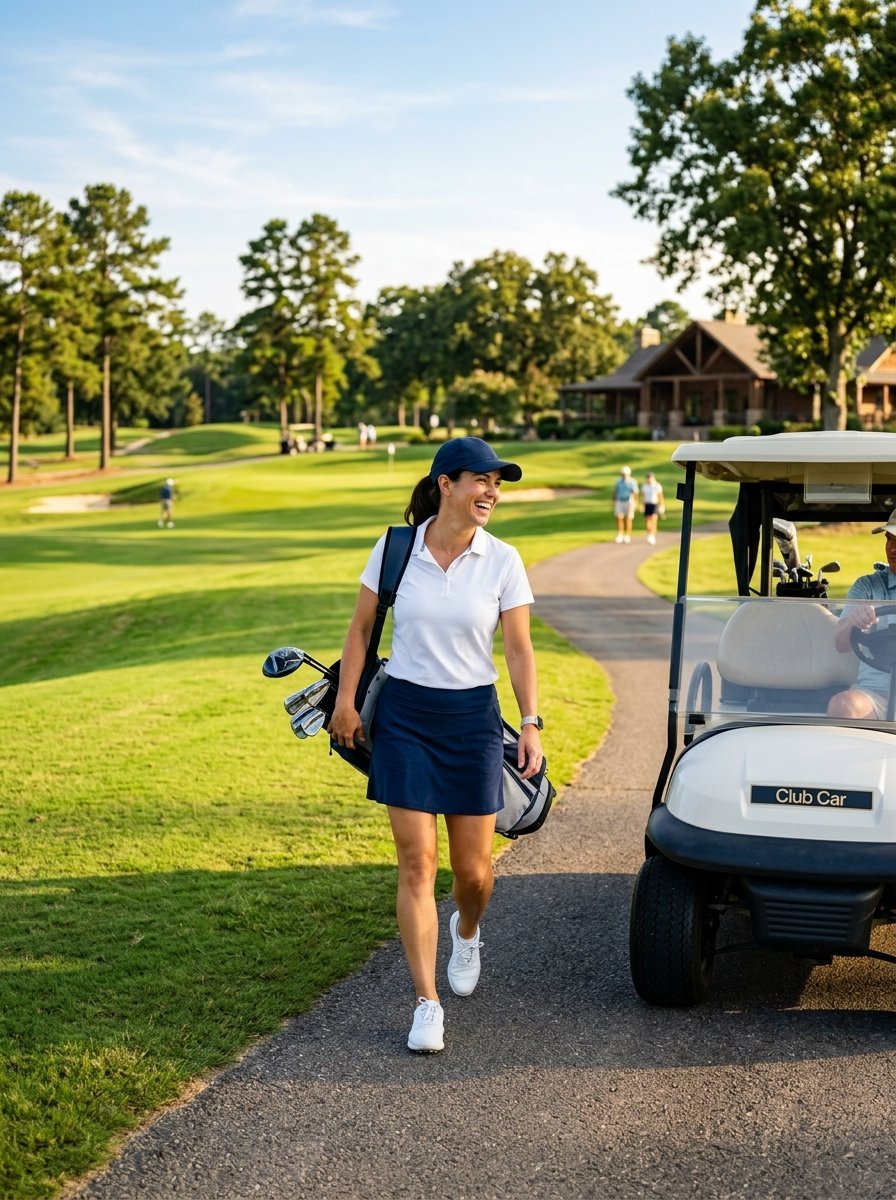 Cheerful female golfer walking on a paved path next to a white golf cart on a bright green course.
