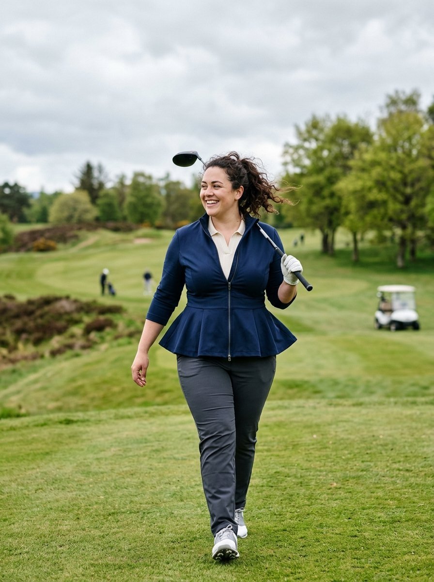 A happy woman in a navy peplum jacket and dark pants walks along a fairway with a golf club over her shoulder.
