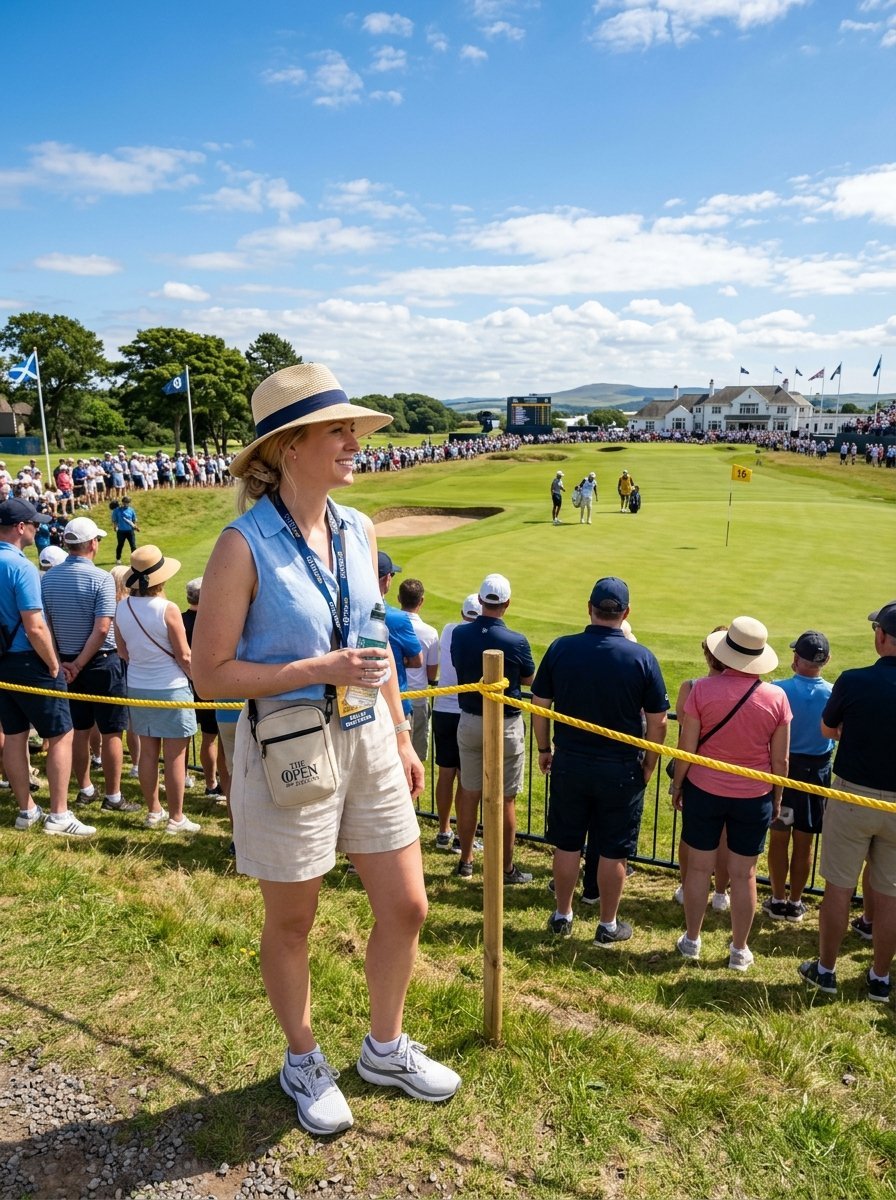 A smiling woman in a straw hat holding a drink as she watches a golf tournament from behind a rope barrier.
