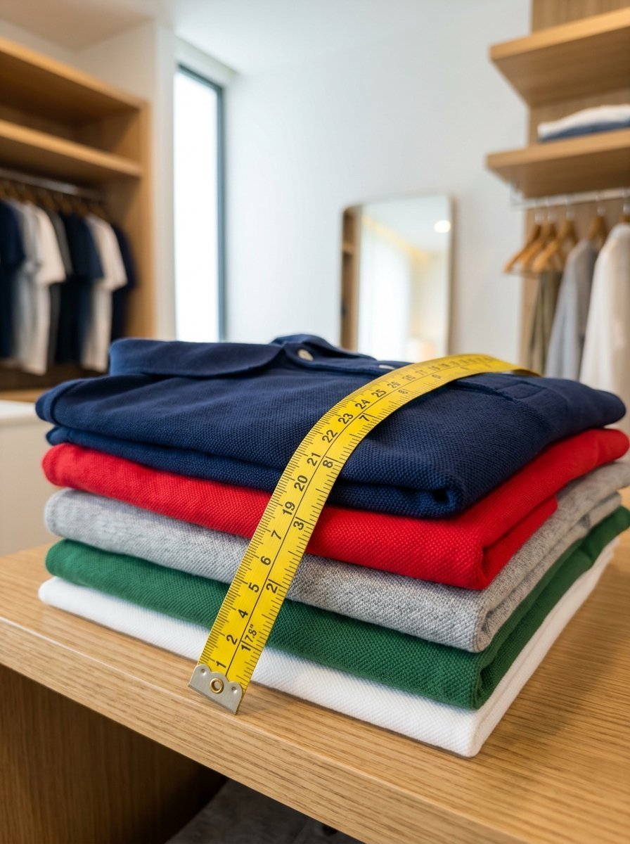 Close-up of a neat pile of five folded polo shirts in different colors with a measuring tape draped across them.