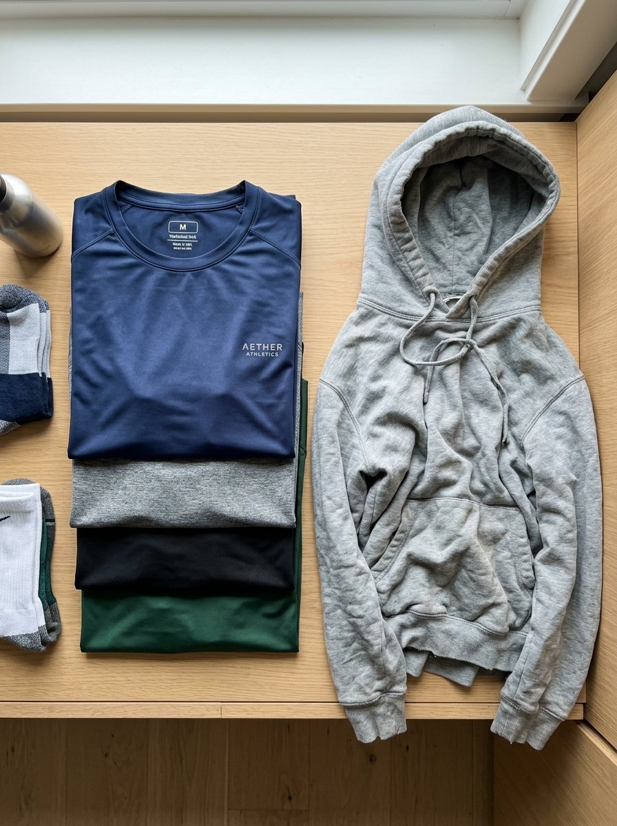 Folded navy, grey, black, and green shirts stacked next to a light grey hooded sweatshirt on a wooden surface.