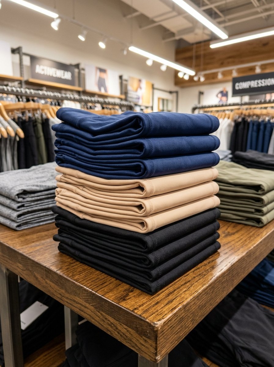 Close-up view of navy, beige, and black leggings folded in piles inside a clothing store.