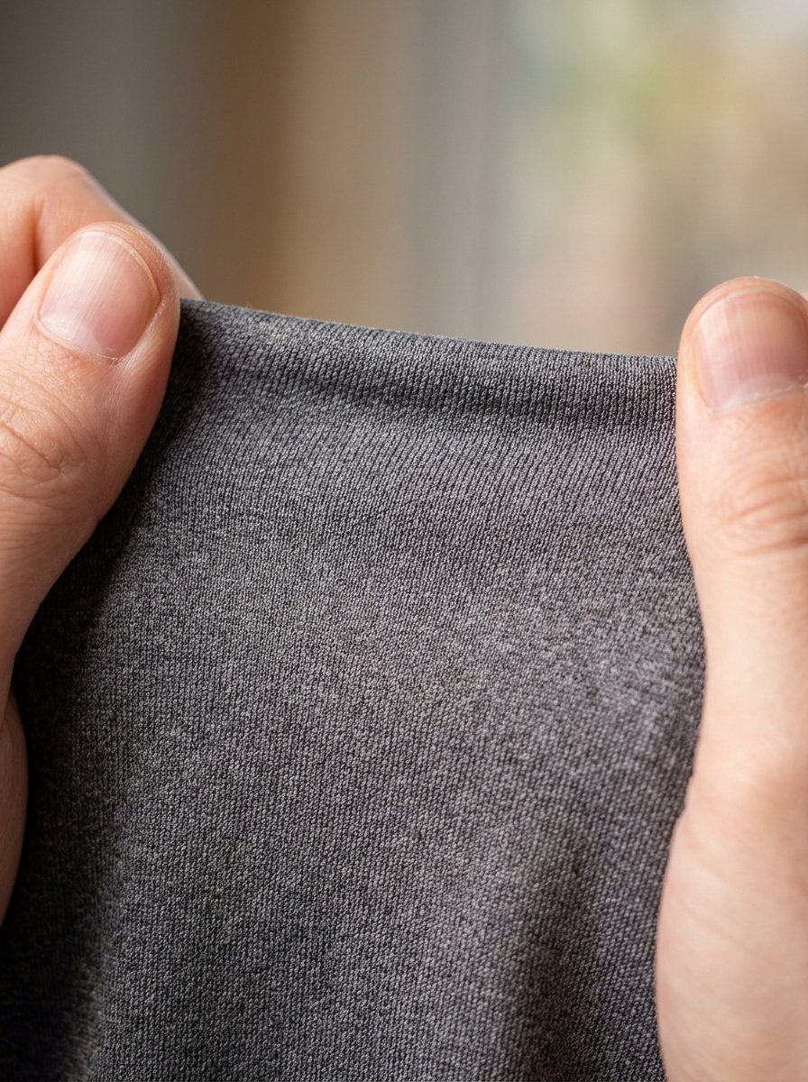 Two hands pulling and testing the elasticity of a dark grey knit textile material.