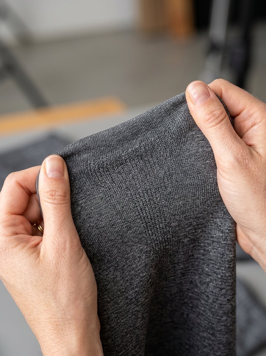 Two hands holding and stretching a piece of grey heather knit clothing material.