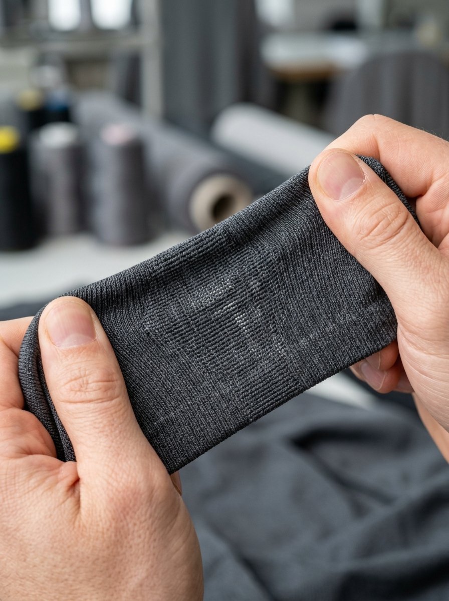Close up of person pulling on a small rectangle of dark grey knit fabric in a textile workshop.
