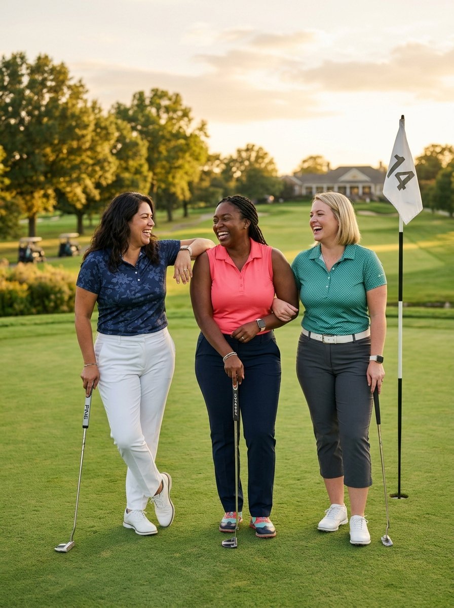 Three female golfers in colorful polo shirts posing together with putters on a golf course near the flag.