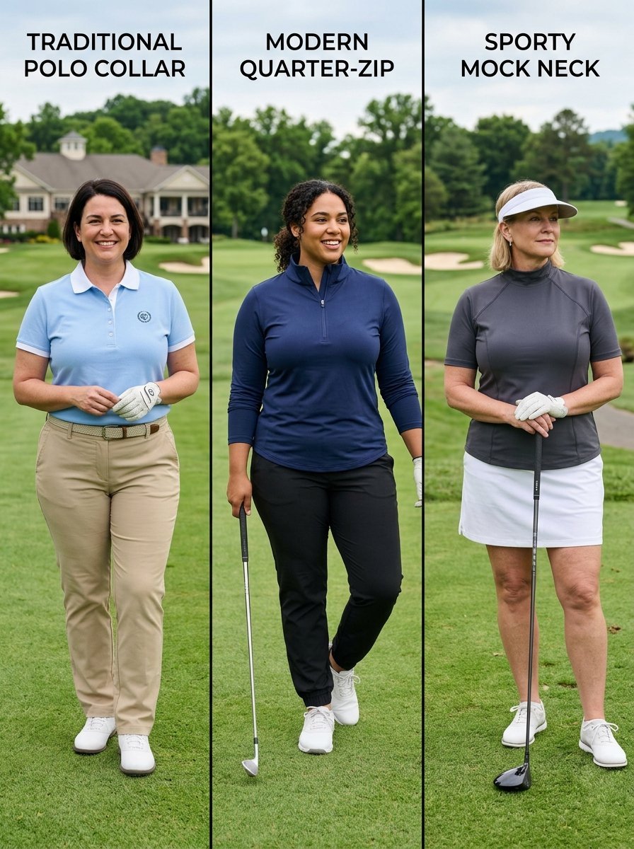 Three women posing in golf attire including a polo, quarter-zip, and mock neck shirt on a green course.