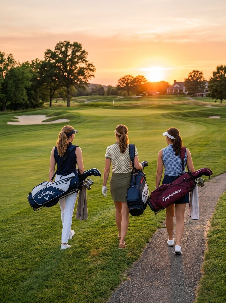 Group of three women carrying golf bags walking down a path on a course during a vibrant sunset.