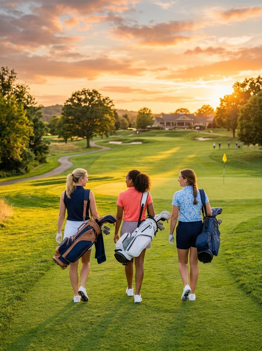 Group of three women carrying golf bags walking together on a golf course during golden hour.