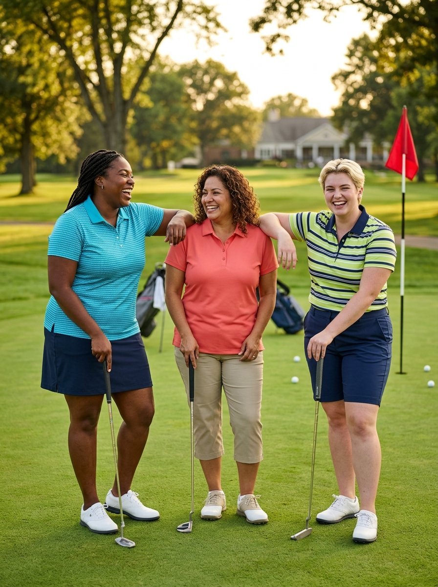 Three women in golf attire standing on a course while leaning on their putters and laughing.