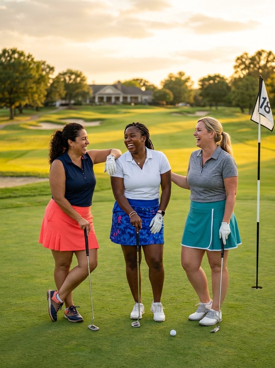 Three female golfers in colorful skirts standing on a golf course at sunset near the 18th hole flag.