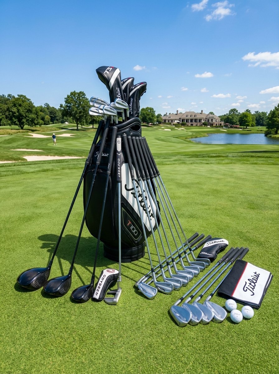 Golf clubs and Titleist bag on a sunny golf course with a clubhouse and pond in the background.