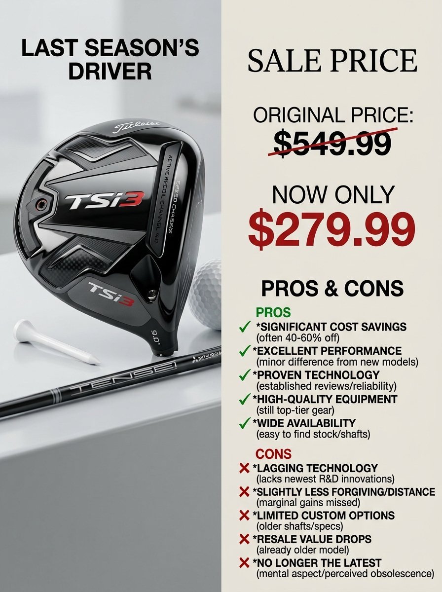 Promotional graphic for a discounted Titleist TSi3 golf driver featuring price comparison and performance analysis.