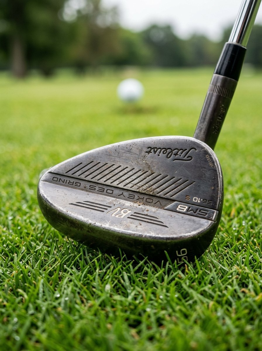 A dark metal Titleist SM8 Vokey golf wedge resting on green grass with a golf ball in the blurred background.