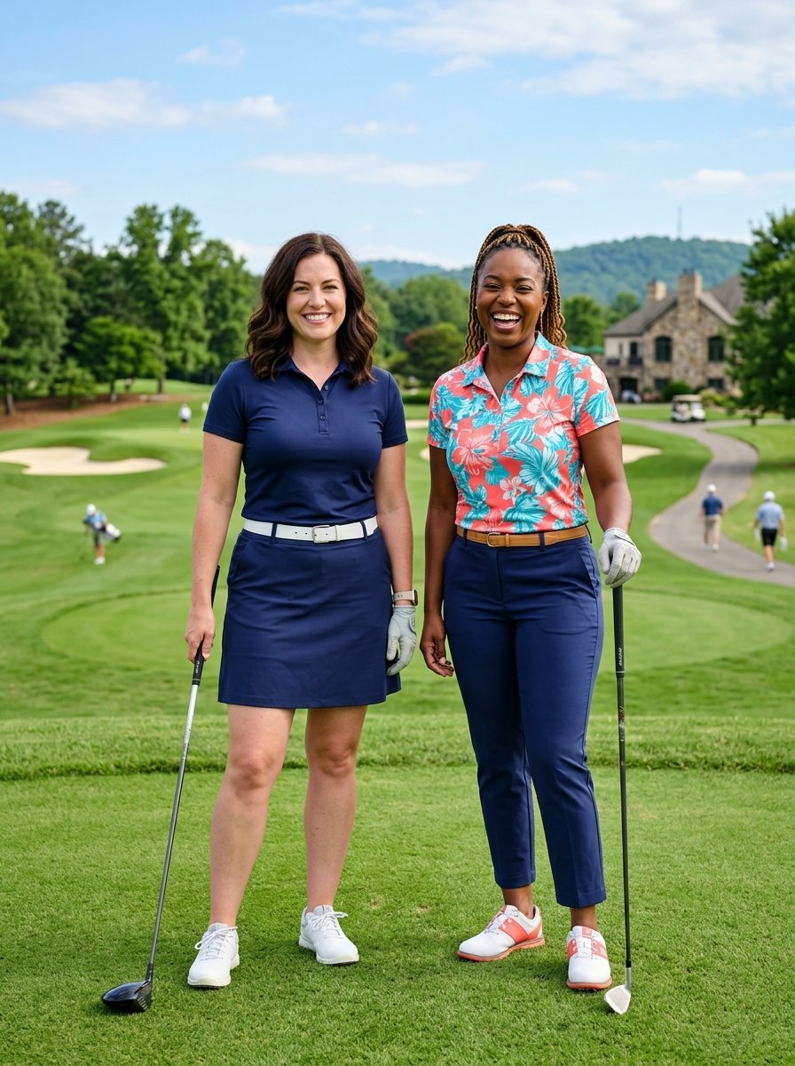 A smiling woman in a navy polo dress and a woman in a floral shirt and blue pants stand on green grass holding golf clubs.