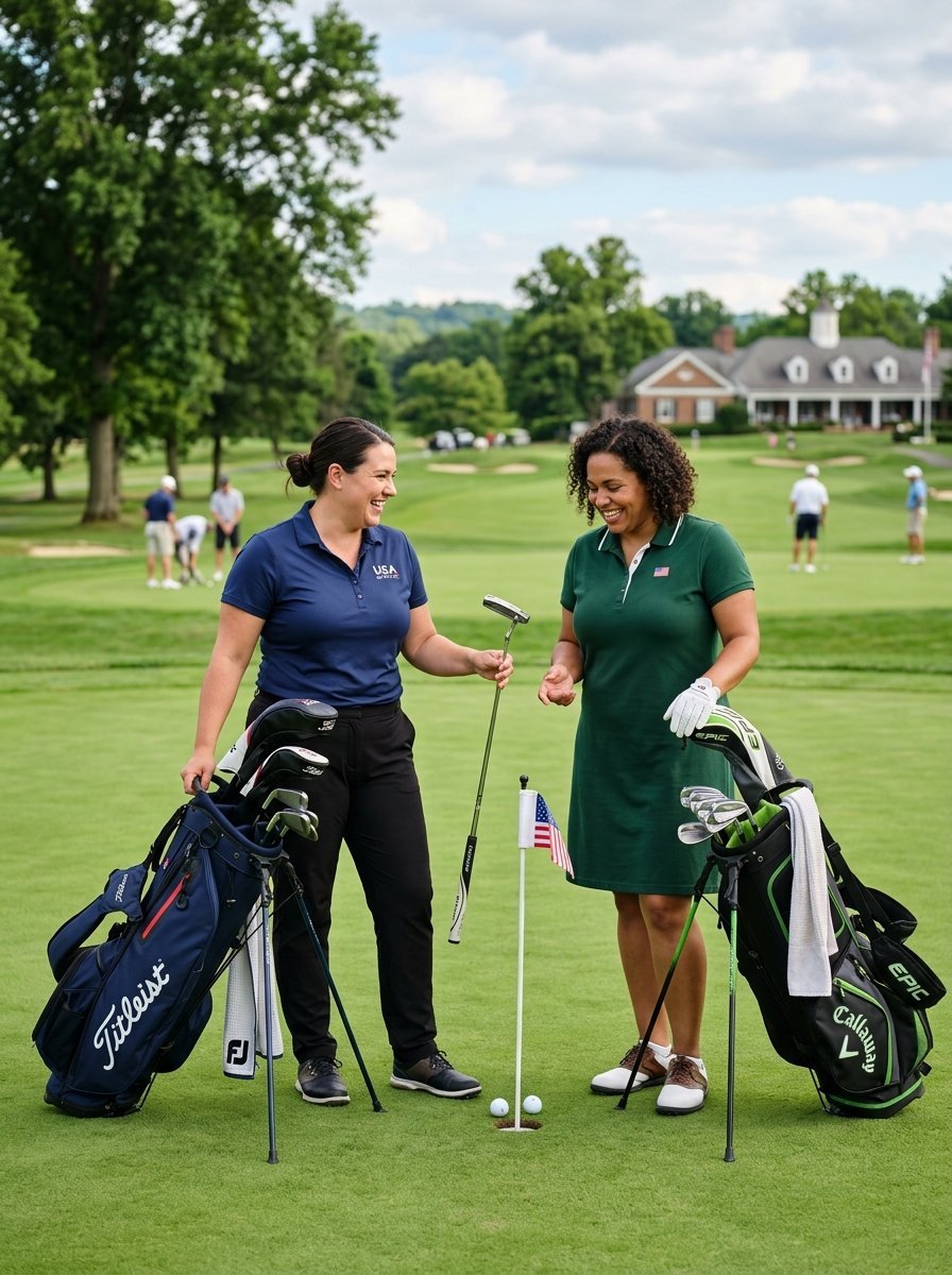 Cheerful female golfers standing near a hole with American flag on a sunny course with bags nearby.