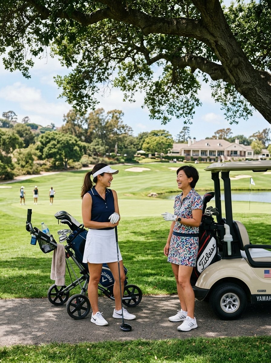 Female golfers chatting near a golf cart on a lush green course with a clubhouse in the background.
