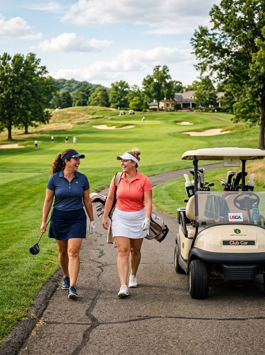 Two women in golf attire laugh while walking past a golf cart on a lush green golf course.
