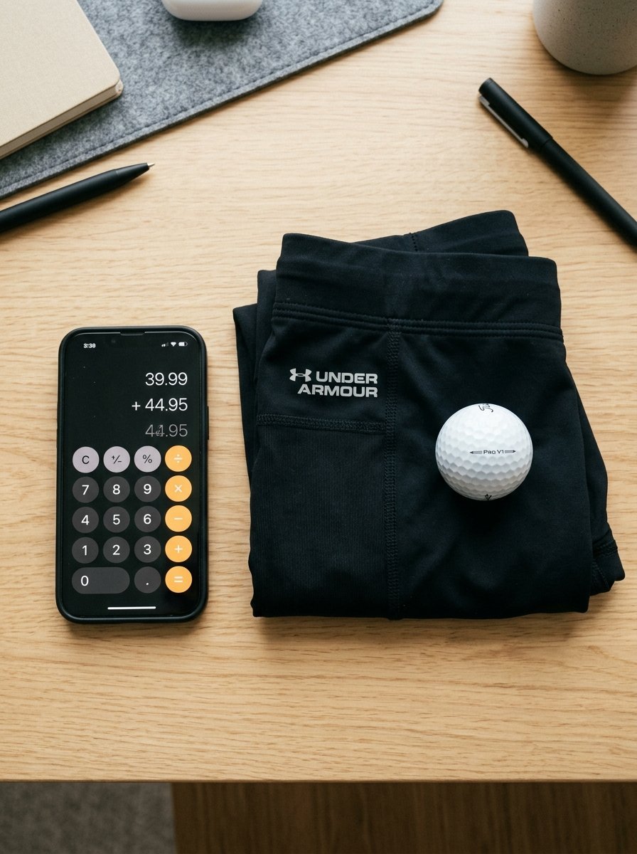 Smartphone displaying a calculation next to folded black Under Armour sports leggings and a Titleist Pro V1 golf ball.