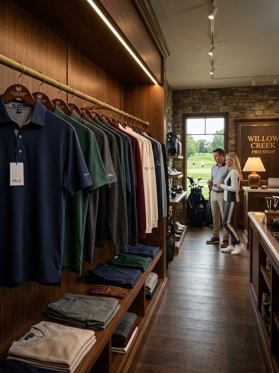 Man and woman browsing merchandise in an elegant Willow Creek golf pro shop with clothing on wooden racks.