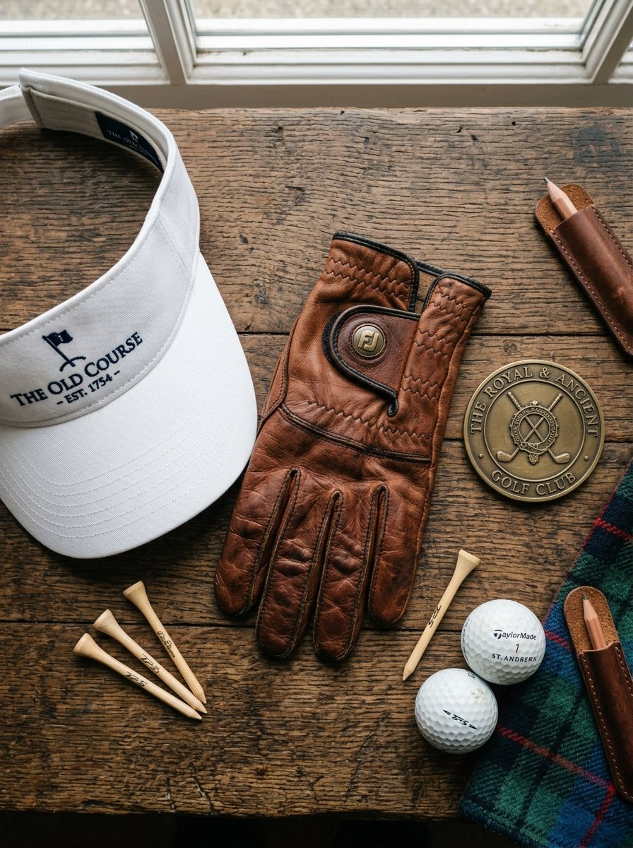 White golf visor, brown leather glove, golf balls, and wooden tees arranged on a rustic wooden table.