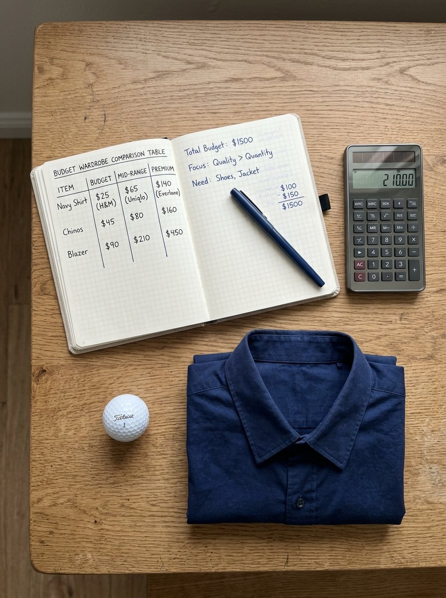 Top down view of a notebook showing a clothing price comparison chart next to a calculator and a folded blue shirt.