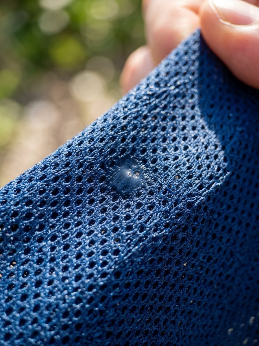 Close-up of a small liquid bead sitting on the surface of textured navy blue sports jersey material.