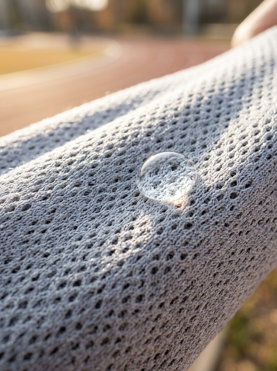 A single bead of water sitting atop a light grey breathable performance textile with a blurred track background.