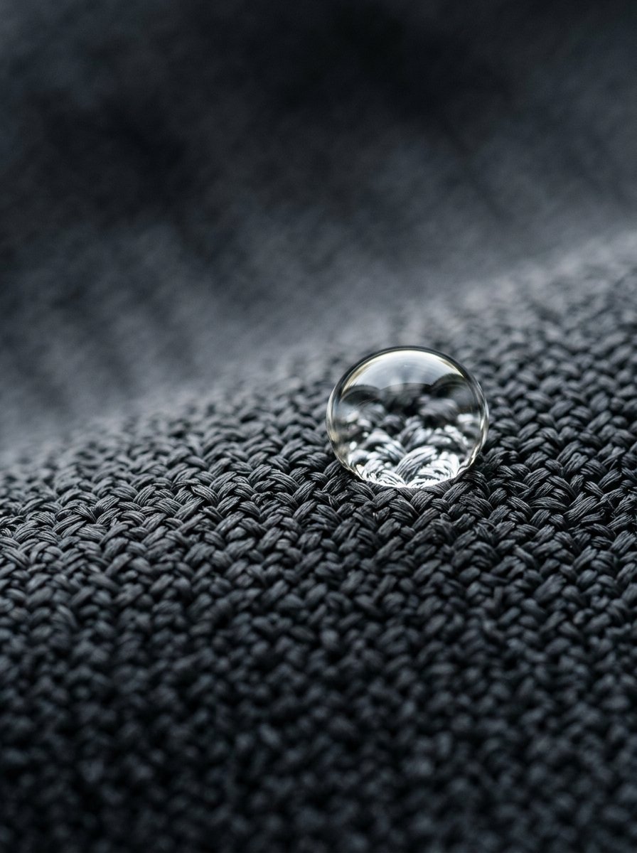 Close up of a crystal clear sphere of water sitting on the surface of a tightly woven dark grey textile.
