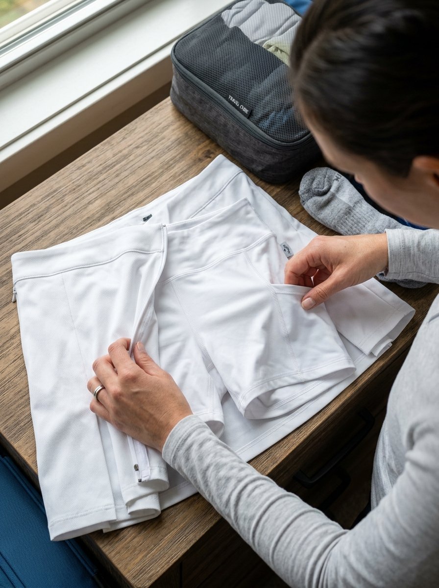 Close-up of hands checking the storage pockets on a white performance skort before packing for a trip.