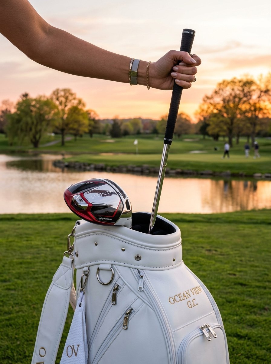 Close-up of a woman's hand holding a golf club over a white Ocean View G.C. bag at a scenic pond during golden hour.